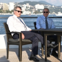 Finnish President Sauli Niinisto and Russian leader Vladimir Putin are seen on a boat following their meeting in the Black Sea resort of Sochi, Russia, in August 2018. |  SPUTNIK / KREMLIN / VIA REUTERS