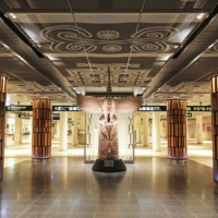 The Minapa (&#0034;many people laugh&#0034;) Plaza by Sapporo Station’s Nanboku Line features Ainu art exhibits and a big screen with weather forecasts in the Ainu language. | CITY OF SAPPORO