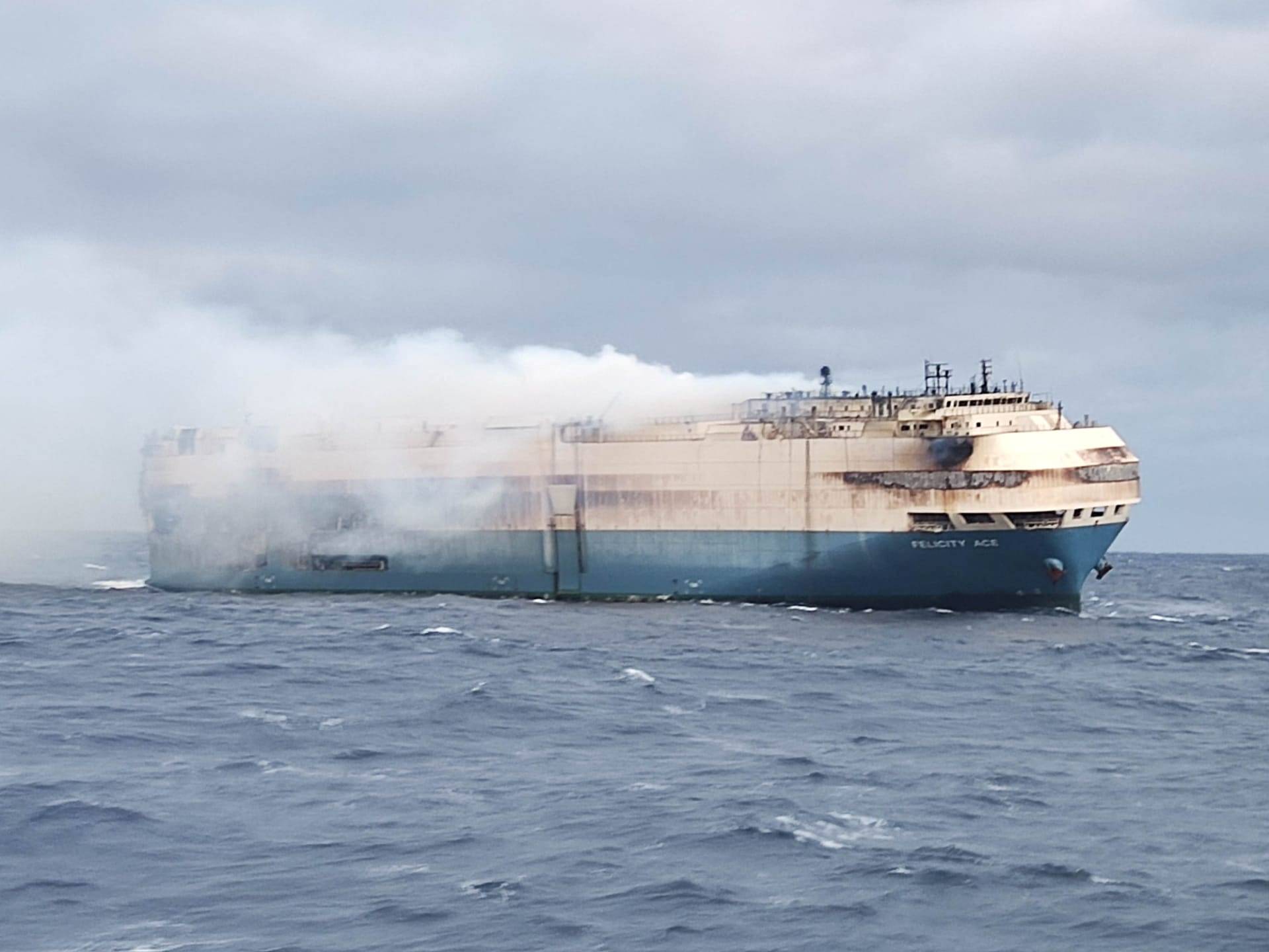 The ship, Felicity Ace, burns off the coast of Portugal's Azores islands on Friday.  | PORTUGUESE NAVY / VIA REUTERS 