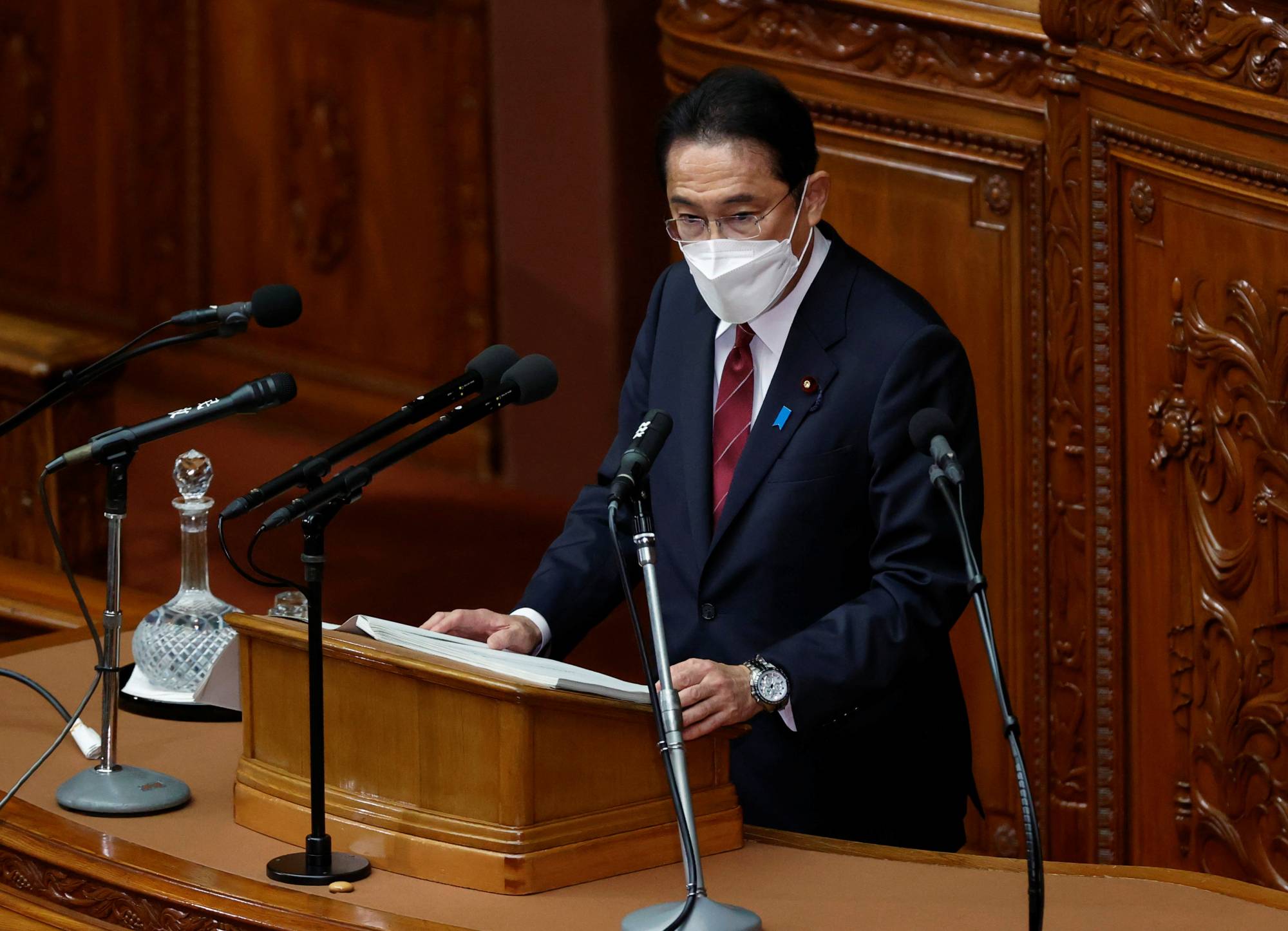 Prime Minister Fumio Kishida addresses the Lower House in December. Kishida told lawmakers in January that Japan’s diplomatic abilities will be tested over the course of the next 12 months.  | REUTERS