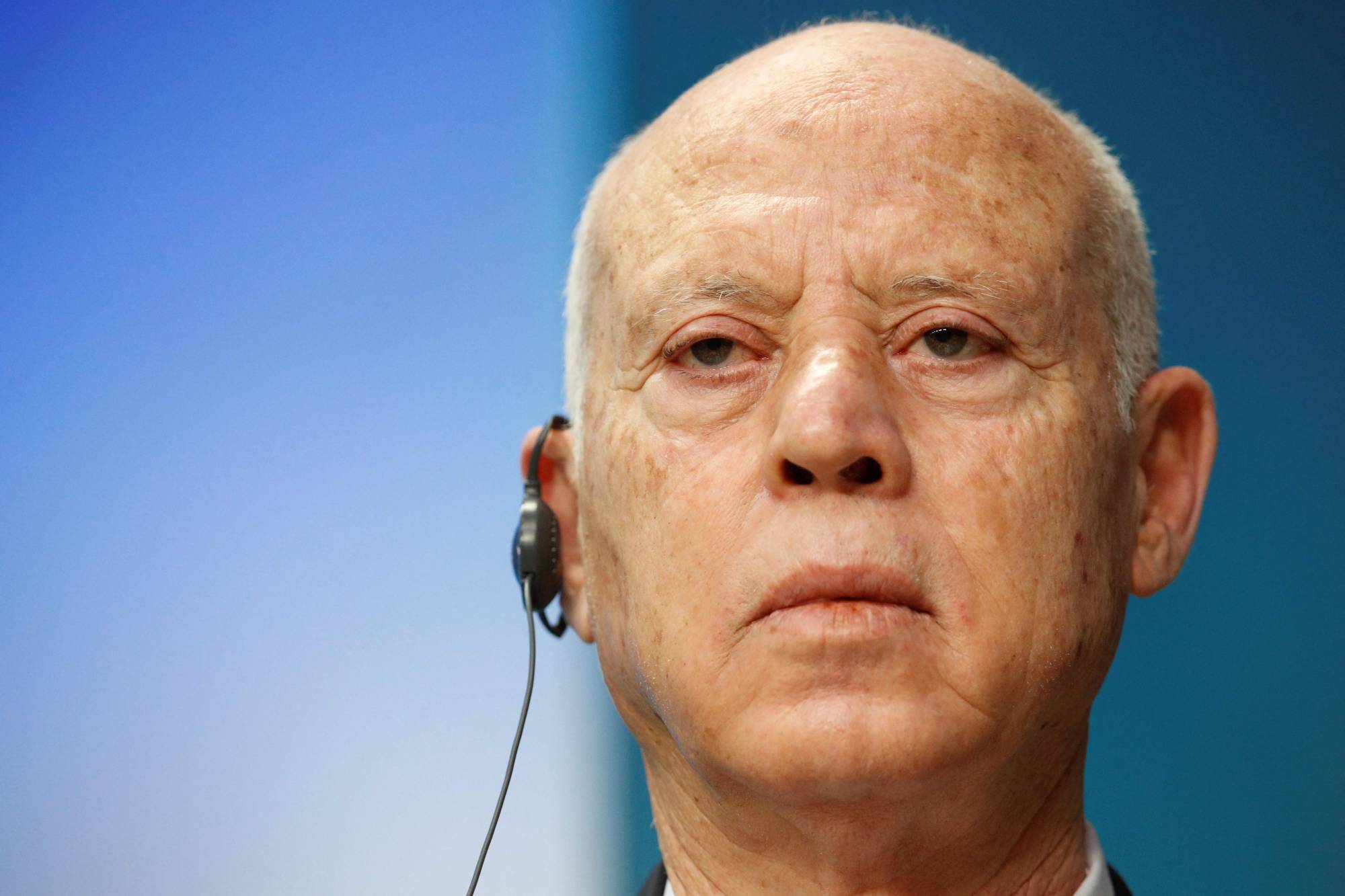 Tunisia's President Kais Saied gives a news conference at the start of the second day of a European Union (EU) African Union (AU) summit at The European Council Building in Brussels on Friday. | AFP-JIJI