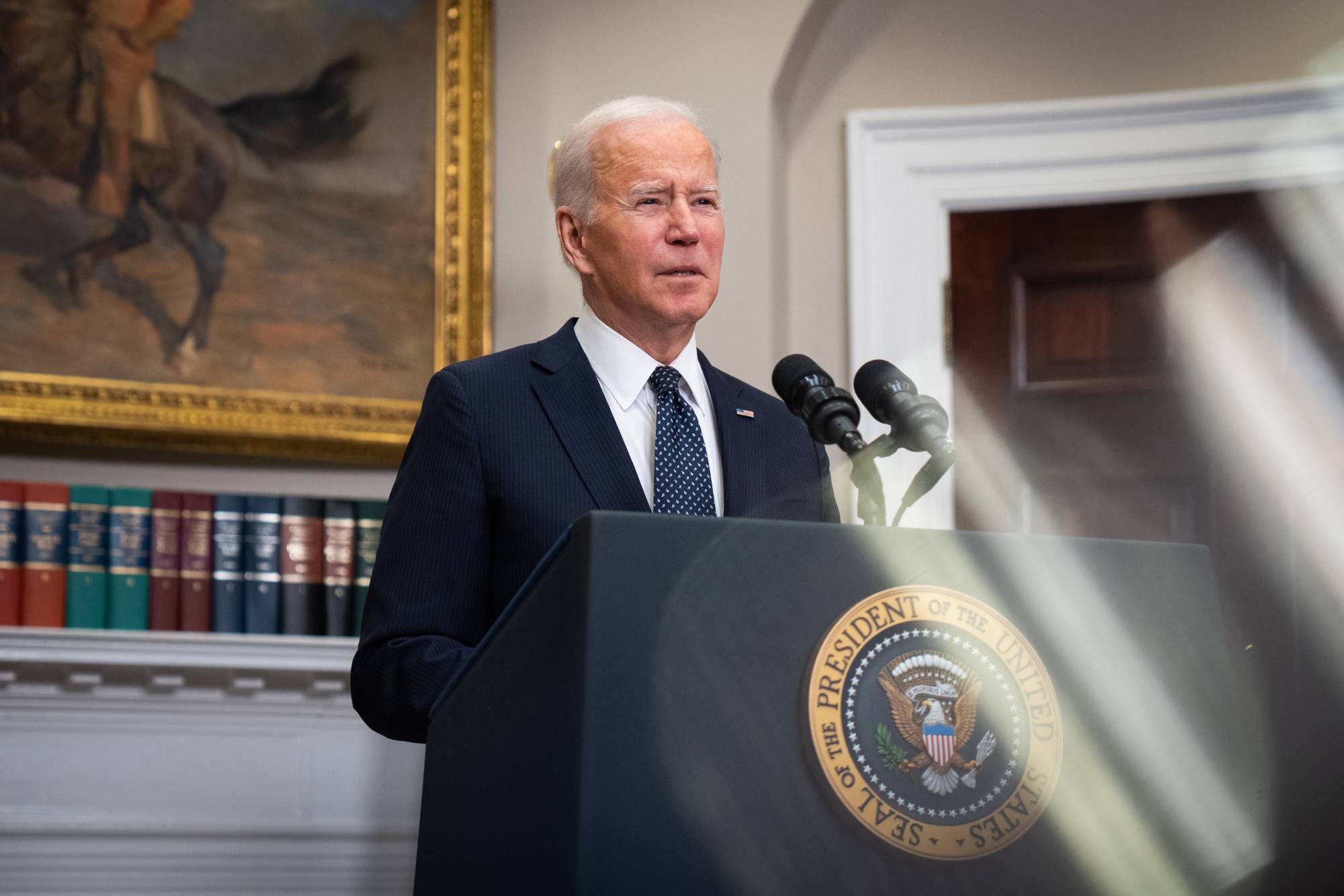 U.S. President Joe Biden discusses Russia’s threats to invade the Ukraine in Washington on Friday. President Biden pushed NATO to issue a summit communiqué last June that laid out the challenges that China poses to the alliance. | Sarahbeth Maney / The New York Times