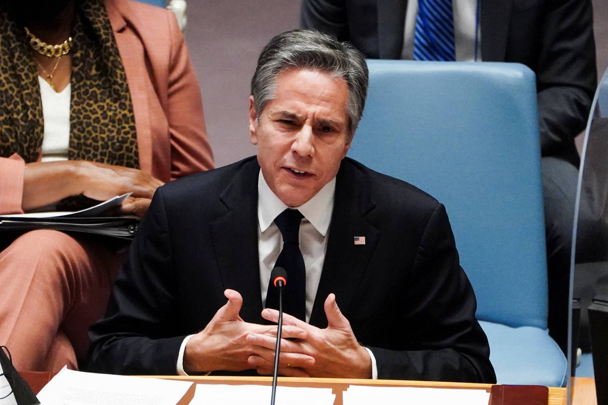 U.S. Secretary of State Antony Blinken speaks during a meeting of the U.N. Security Council on the situation between Russia and Ukraine, at the U.N. headquarters in New York on Thursday. | Reuters