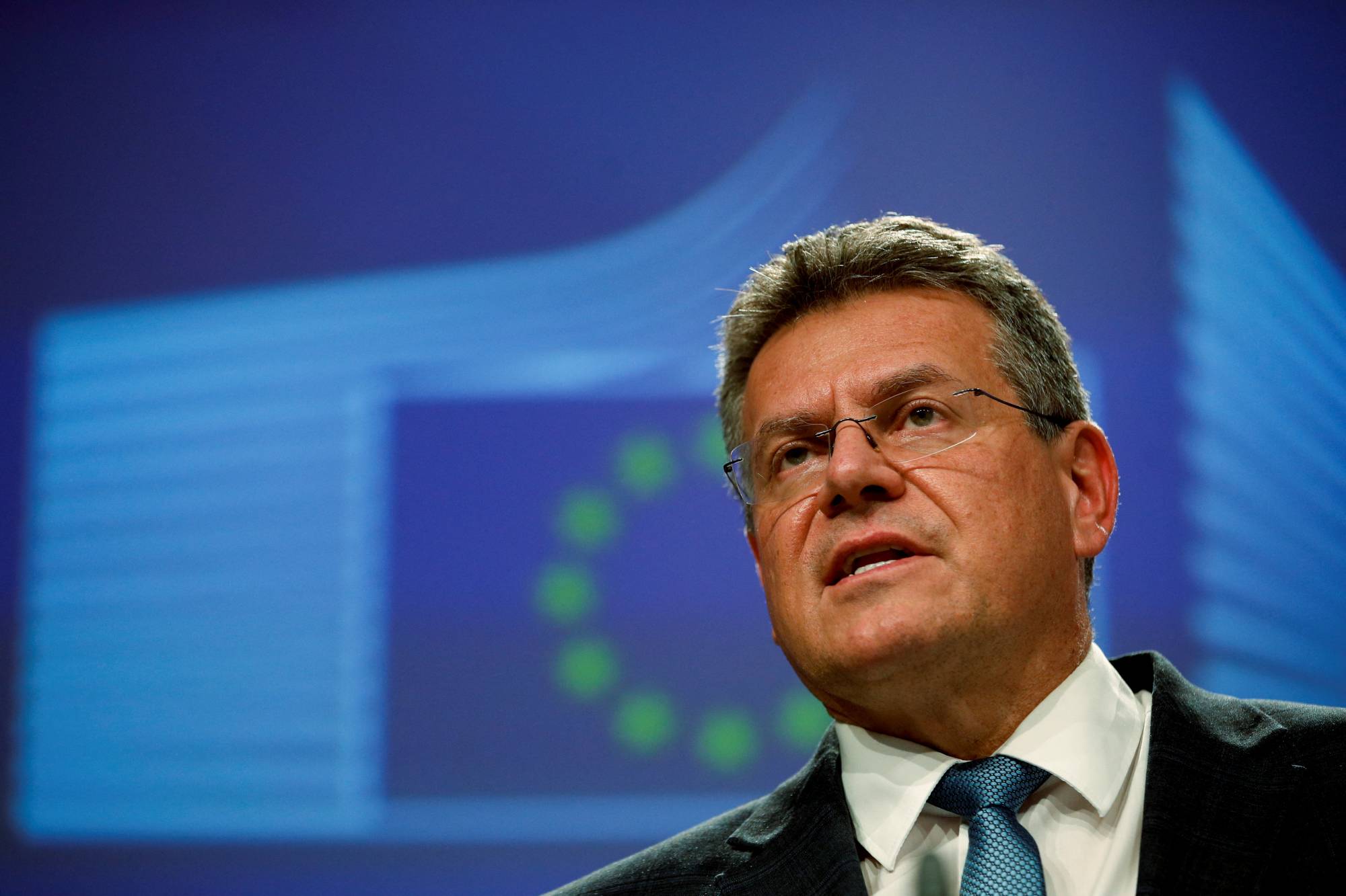 European Commission Vice-President for Interinstitutional Relations Maros Sefcovic speaks during a news conference after a meeting with British Foreign Secretary Liz Truss, in Brussels on Monday. | REUTERS