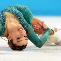 Spain\'s Laura Barquero performs during the pairs free skate of the Beijing Olympics at Capital Indoor Stadium on Saturday. | REUTERS