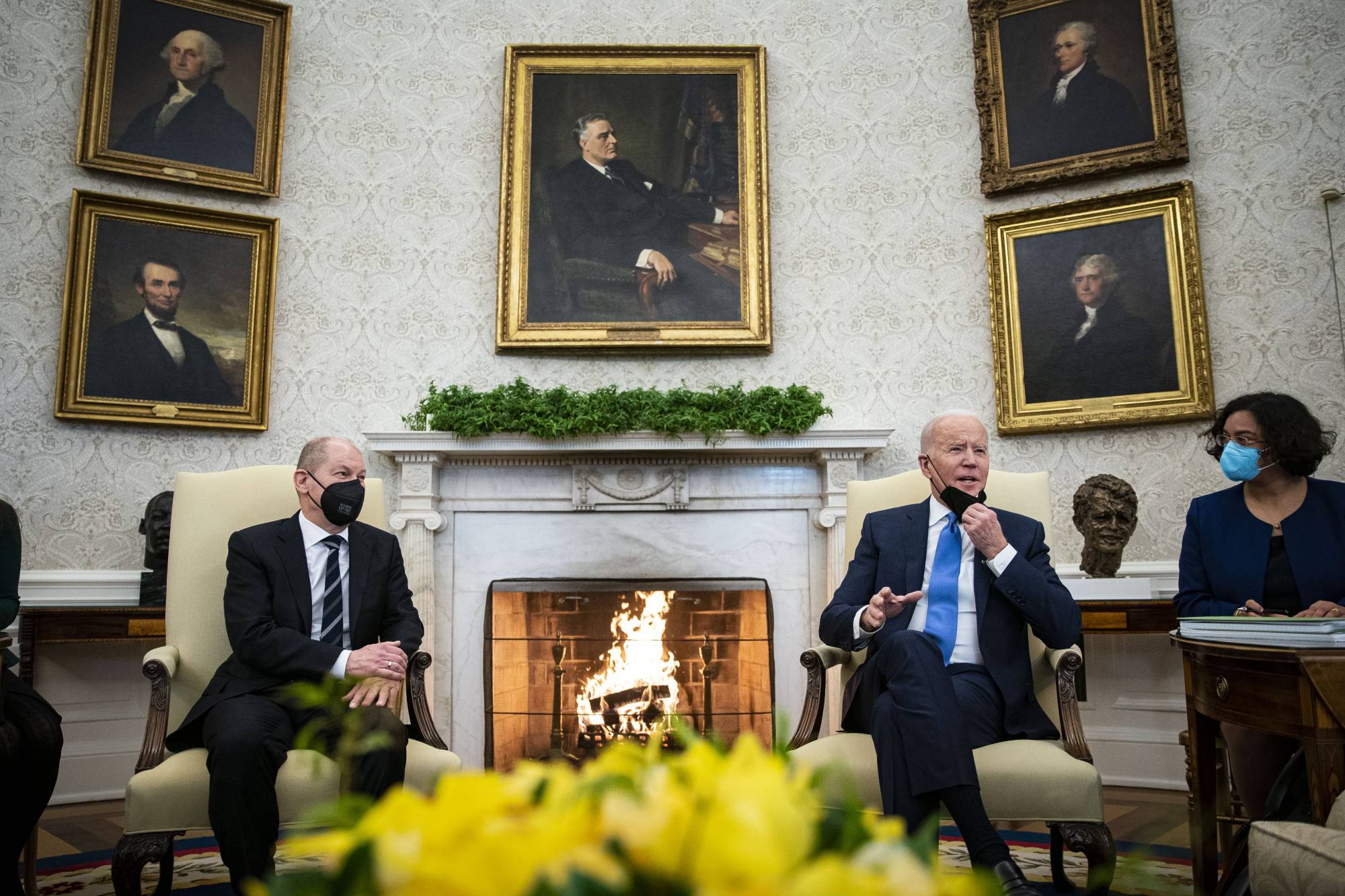 U.S. President Joe Biden meets with German Chancellor Olaf Scholz at the White House in Washington on Feb. 7. | Al Drago / The New York Times