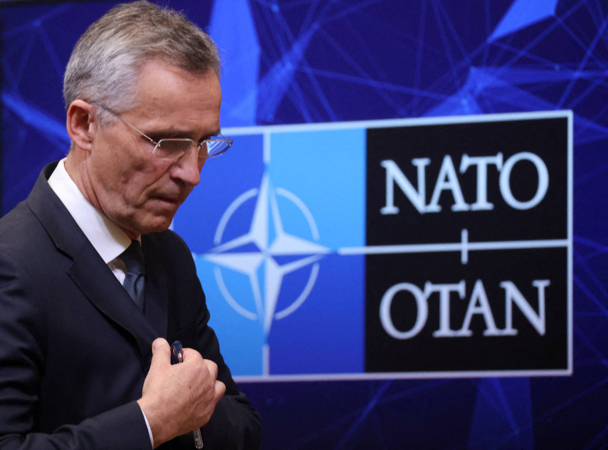 NATO Secretary-General Jens Stoltenberg holds a news conference on Russia's attack on Ukraine at the NATO headquarters in Brussels on Thursday. | REUTERS