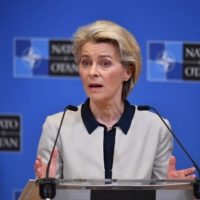 European Commission President Ursula von der Leyen gives a press conference on Russia\'s military operation in Ukraine at the NATO headquarters in Brussels on Thursday. | AFP-JIJI