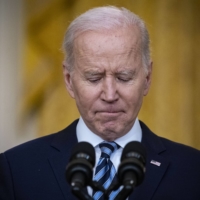U.S. President Joe Biden speaks on the Russian invasion of Ukraine in the East Room of the White House in Washington, on Thursday, Feb. 24. Some geopolitical analysts said Russia\'s action could embolden China over Taiwan. | BLOOMBERG