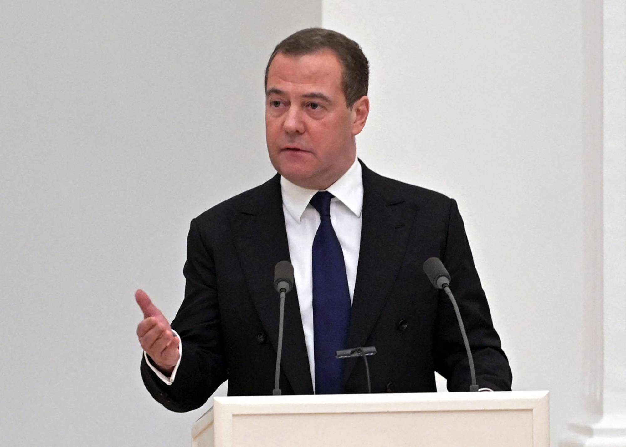 Deputy chairman of the Russian Security Council Dmitry Medvedev speaks during a meeting in Moscow earlier this month.  | SPUTNIK / VIA AFP-JIJI