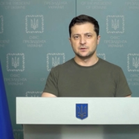 Ukrainian President Volodymyr Zelenskyy makes a statement in Kyiv on Saturday in this still image taken from video. | UKRAINIAN PRESIDENTIAL PRESS SERVICE / VIA REUTERS