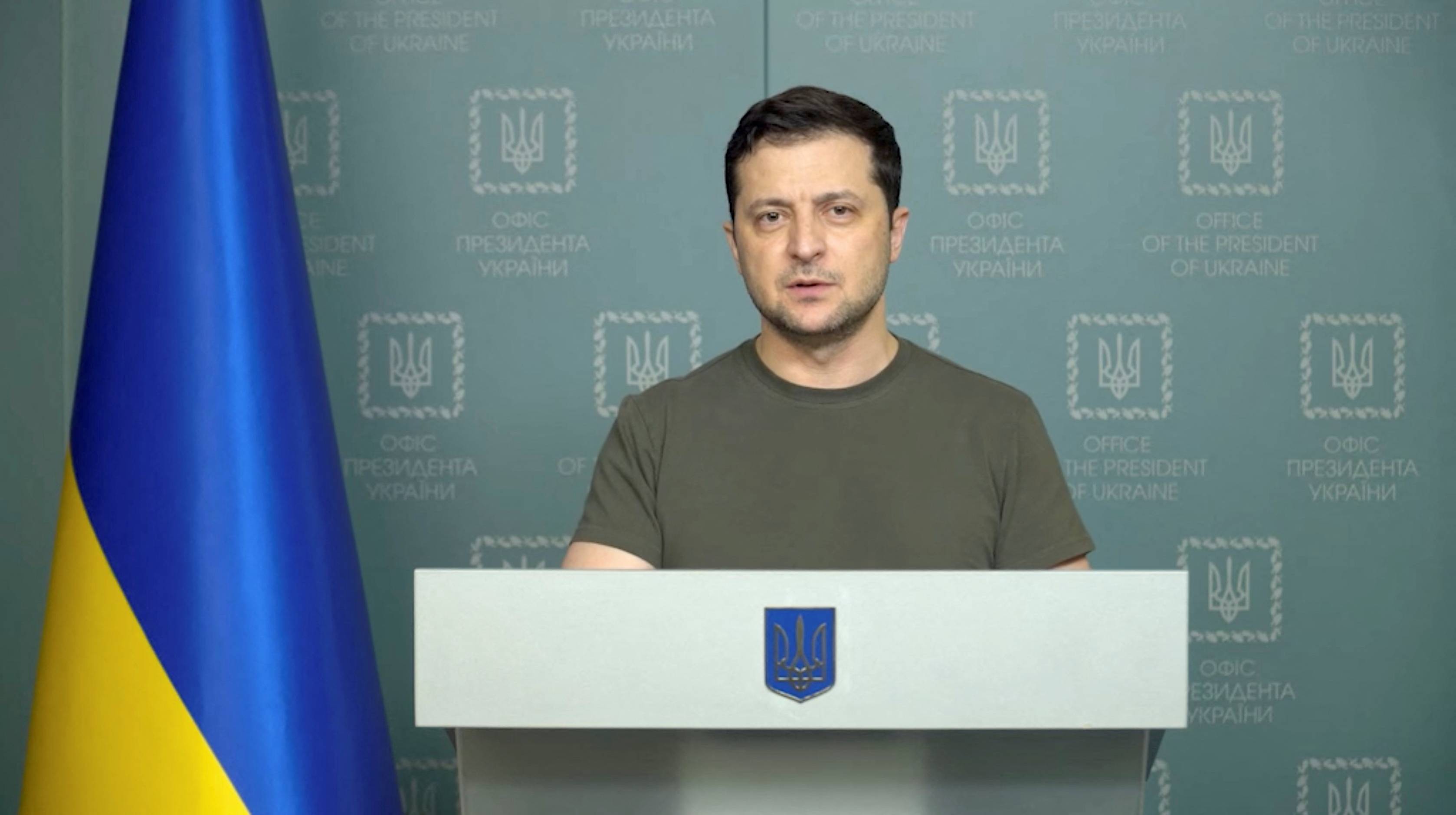 Ukrainian President Volodymyr Zelenskyy makes a statement in Kyiv on Saturday in this still image taken from video. | Ukrainian Presidential Press Service / via REUTERS