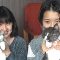 The Sato girls pose with their family\'s pet felines. Sayuri (left) holds Tama, while Akari holds the cat formerly known as Botamochi and now known as Popo. | SHINTARO SATO
