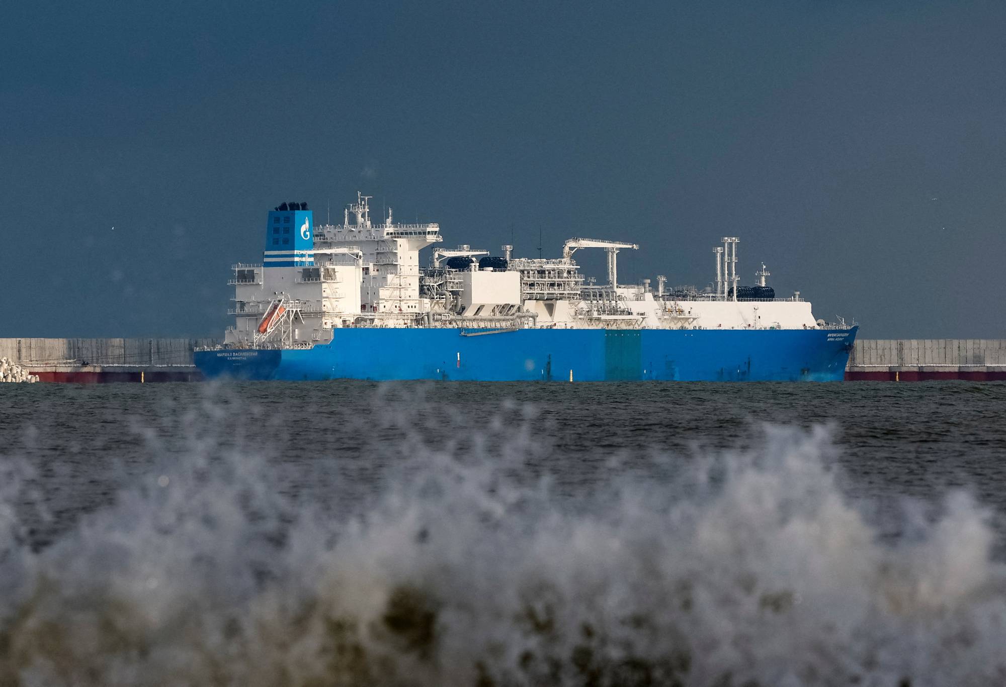 Russian Gazprom's the Marshal Vasilevskiy vessel, a floating storage and regasification unit (FSRU), is seen anchored offshore in the Baltic Sea near Kaliningrad, Russia, in February. | REUTERS
