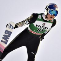 Ryoyu Kobayashi jumps during a ski jumping World Cup event in Lahti, Finland, on Sunday. | AFP-JIJI