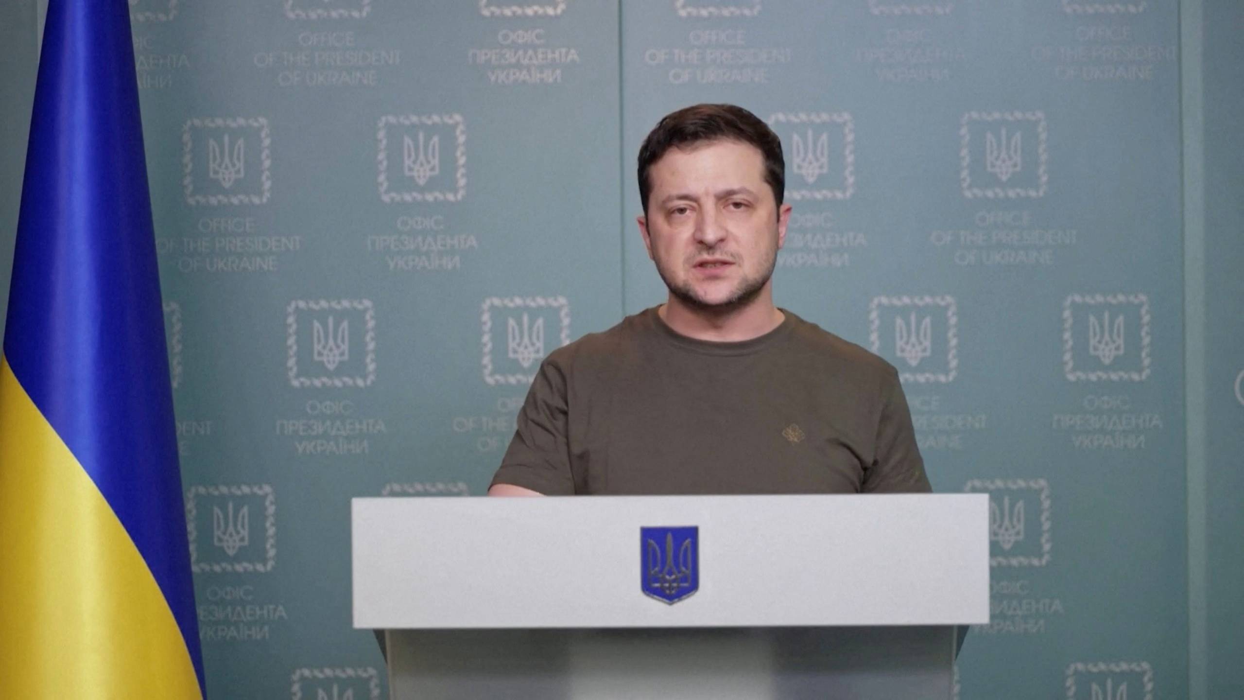 Ukrainian President Volodymyr Zelenskyy speaks during a video address where he urges the West to consider imposing a no-fly zone for Russian missiles, planes and helicopters, amid Moscow's invasion of Ukraine on Monday in this still image taken from video. | Ukrainian Presidential Press Service / via Reuters