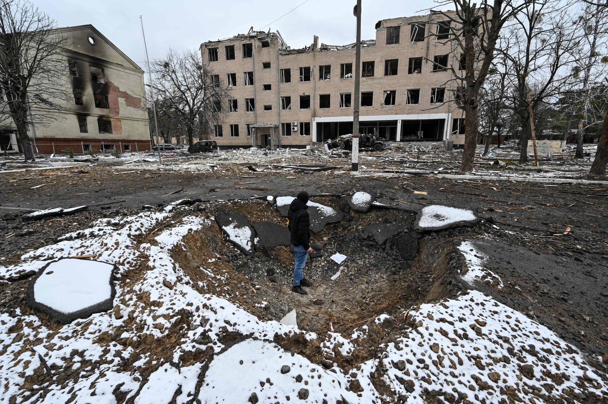 A Ukrainian military facility destroyed by recent shelling in the city of Brovary, outside Kyiv, is seen on Tuesday. | AFP-JIJI