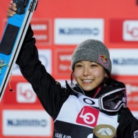 Sara Takanashi celebrates after winning a World Cup event in Lillehammer, Norway, on Tuesday. | REUTERS