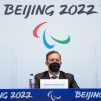 International Paralympic Committee President Andrew Parsons speaks during a news conference in Beijing on Wednesday. | REUTERS