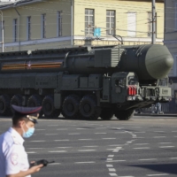 A RS-24 Yars strategic nuclear missile is displayed during the victory day parade in Moscow in June 2020. | BLOOMBERG