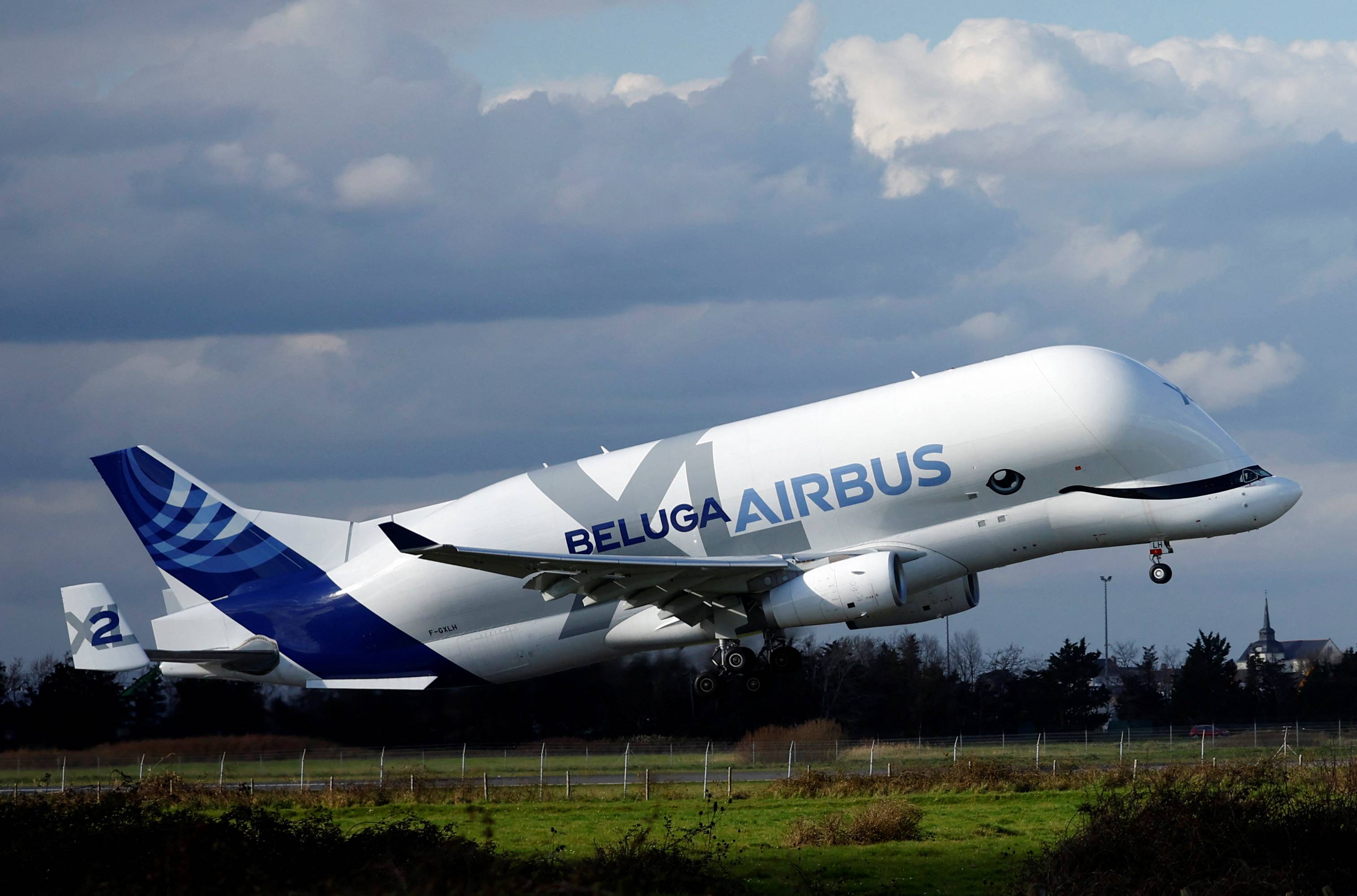 A Beluga transport plane belonging to Airbus takes off in Montoir-de-Bretagne, near Saint-Nazaire, France, on Friday. | REUTERS