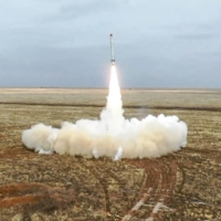 A Russian Iskander-K missile is launched during an exercise at an undisclosed location in Russia on Feb. 19. | RUSSIAN DEFENCE MINISTRY / VIA AFP-JIJI
