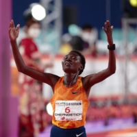 Kenya\'s Ruth Chepngetich celebrates after winning the Nagoya Women\'s Marathon at Vantelin Dome Nagoya on Sunday. | KYODO