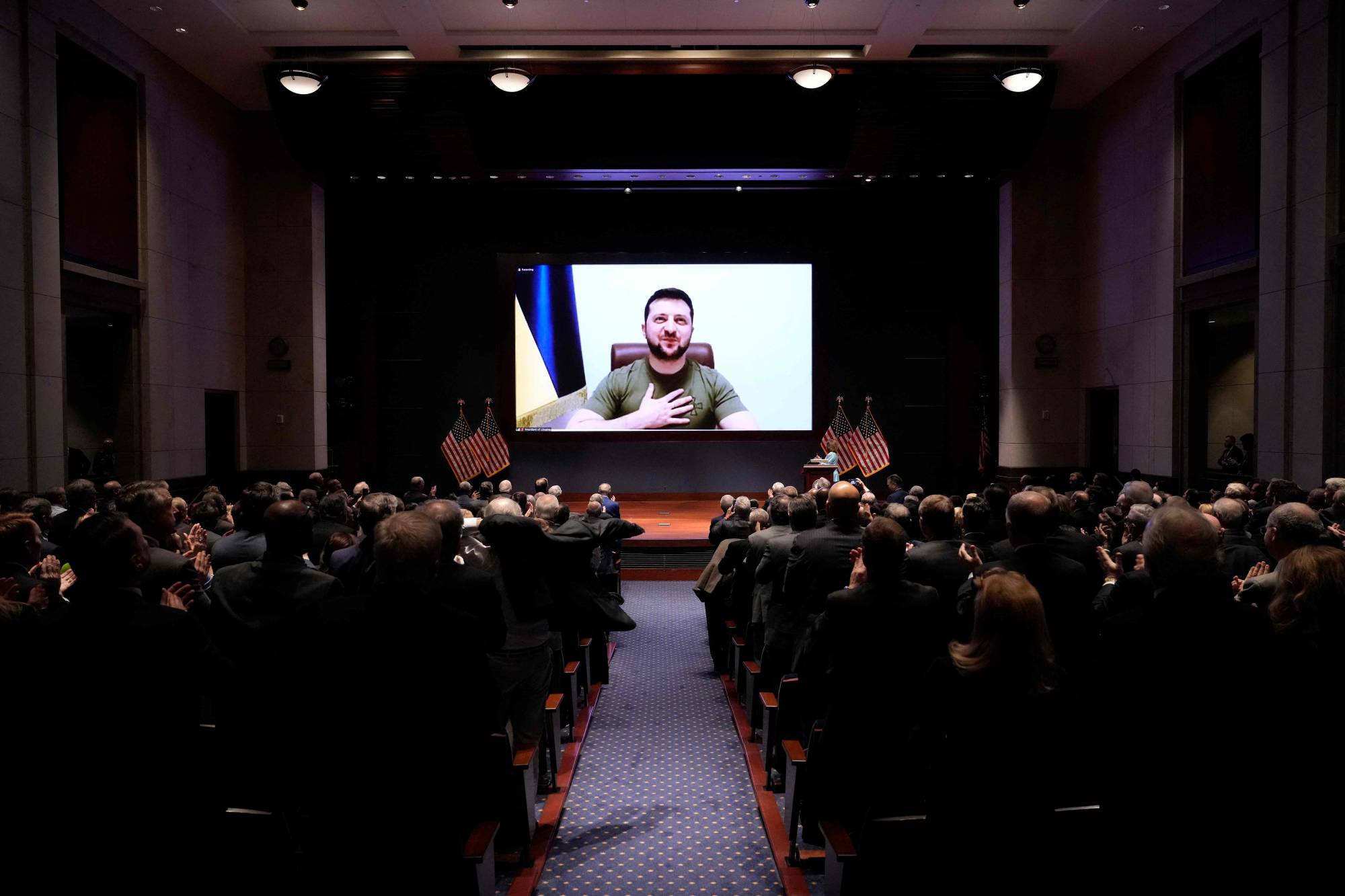 Ukrainian President Volodymyr Zelenskyy addresses the U.S. Congress by video link on Wednesday, appealing for tougher sanctions on Russia and more weapons to help his country. | AFP-JIJI