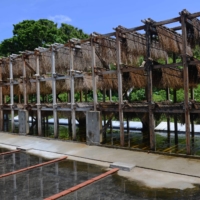 A large wooden frame is used for the circulating and drying salt particles at Takaesu Seienjo. | STEPHEN MANSFIELD
