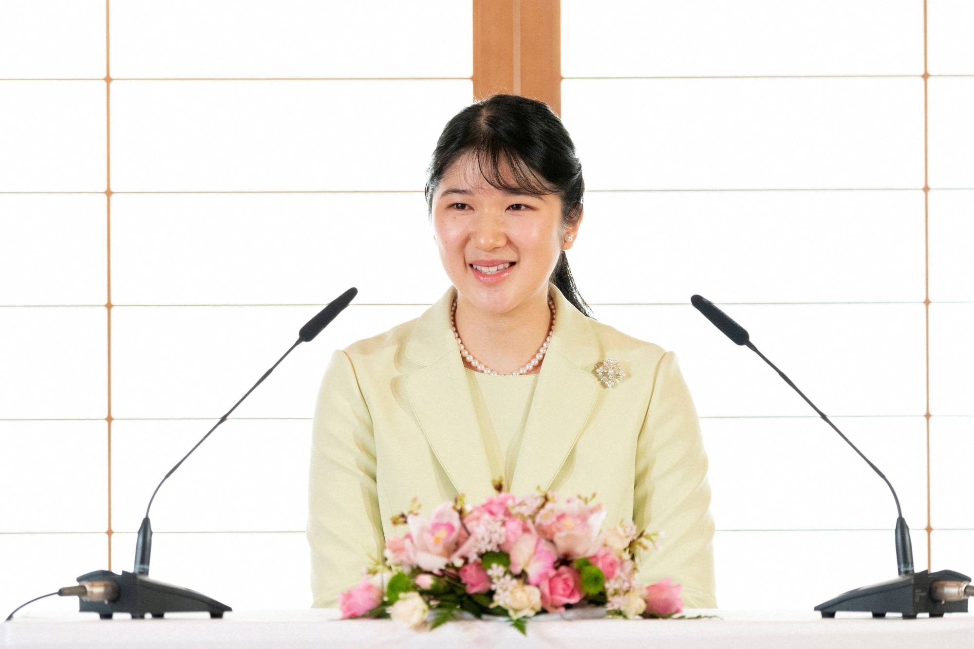 Princess Aiko, the daughter of Emperor Naruhito and Empress Masako, speaks during her first news conference after she made her debut as a new adult member of the imperial family, in Tokyo on Thursday. | IMPERIAL HOUSEHOLD AGENCY / VIA REUTERS