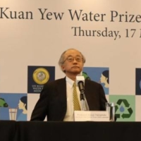 Kazuo Yamamoto (center) is pictured at a news conference in Singapore on Thursday after he was named as the recipient of the Lee Kuan Yew Water Prize 2020. | KYODO
