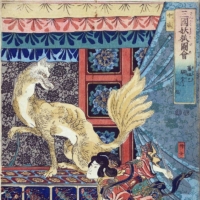 A depiction from 1849 of the fox spirit that is said to haunt the mythical \"killing stone.\" A volcanic rock in Japan\'s Nikko National Park, long associated with the legend, split in two earlier this month.  | UTAGAWA KUNIYOSHI VIA THE NEW YORK TIMES