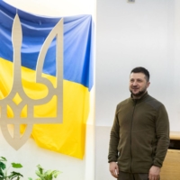 Ukrainian President Volodymyr Zelenskyy attends a reward ceremony for police officers in Kyiv on Saturday. | UKRAINIAN PRESIDENTIAL PRESS SERVICE / VIA REUTERS 