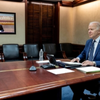 U.S. President Joe Biden holds virtual talks with Chinese leader Xi Jinping from the Situation Room of the White House in Washington on Saturday. | THE WHITE HOUSE / VIA REUTERS