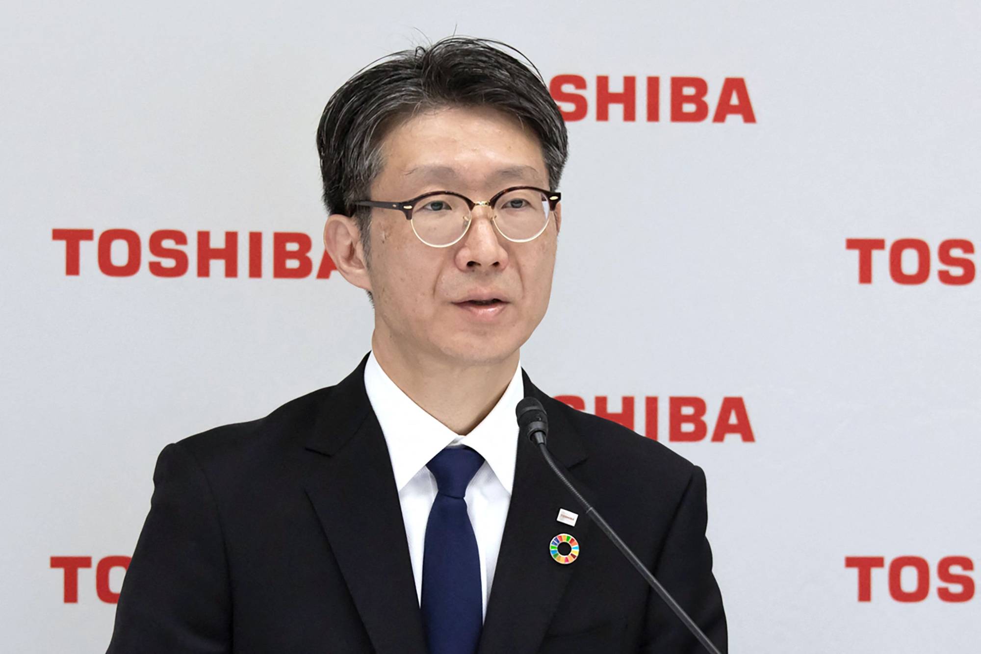 Toshiba Corp.'s new CEO Taro Shimada attends an online press conference in Tokyo on March 1. | Toshiba Corp. / Via AFP-Jiji