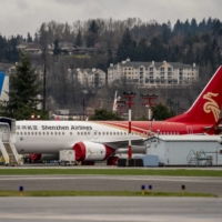A Boeing Co. 737 Max airplane, destined for Shenzhen Airlines, outside the company\'s manufacturing facility in Renton, Washington, on Monday. China Eastern Airlines will ground all of its Boeing 737-800 jets starting Tuesday after a plane crash in the southwestern Chinese region of Guangxi.  | BLOOMBERG