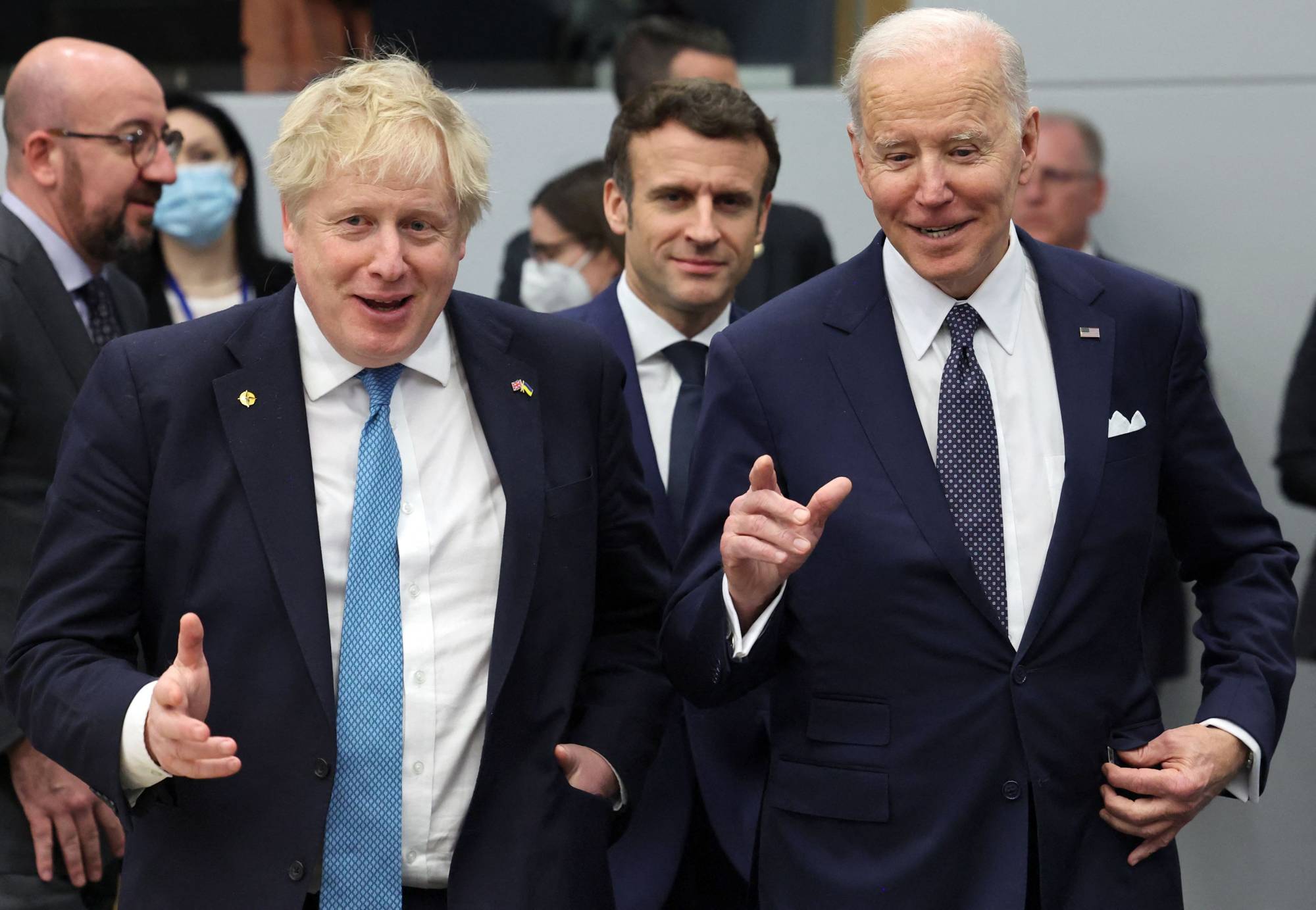 British Prime Minister Boris Johnson and U.S. President Joe Biden at the Group of Seven summit in Brussels on Thursday | AFP-JIJI