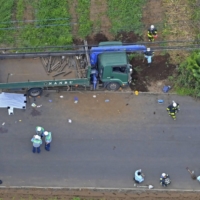 The scene of an incident where a drunken truck driver hit a group of elementary school children in Yachimata, Chiba Prefecture, in June. | KYODO