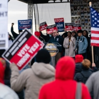 A Teamster speaks during a February union rally in Alabama. | BLOOMBERG 