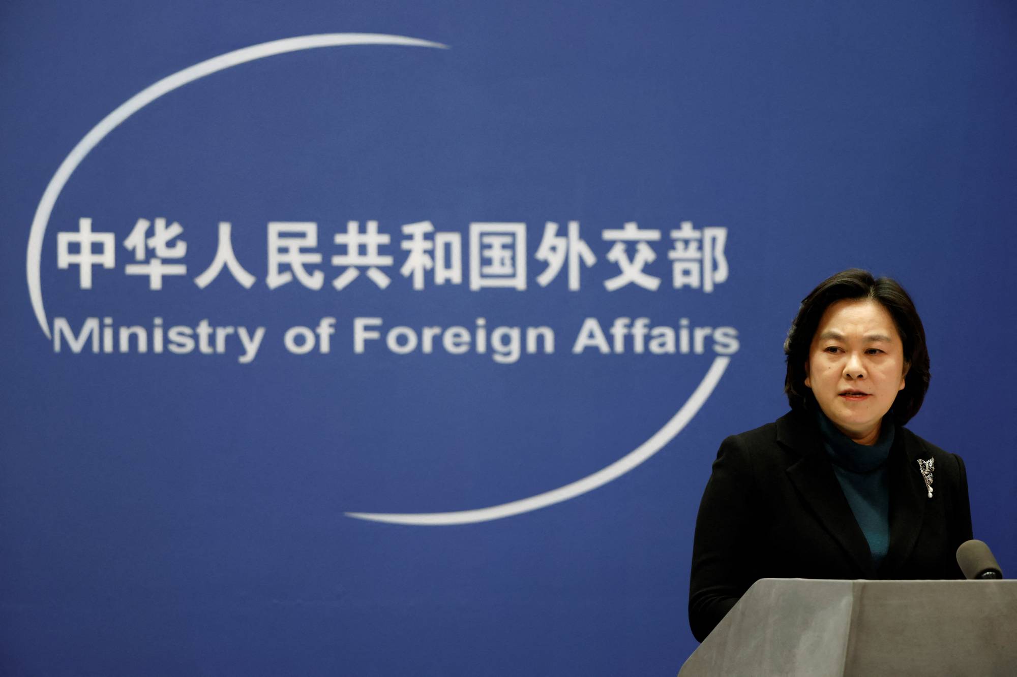 Chinese Foreign Ministry spokesperson Hua Chunying holds a news conference in Beijing. Shortly after the plane crash, Hua accused U.S. Secretary of State Antony Blinken of 