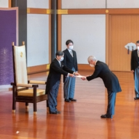 Emperor Naruhito receives credentials from new U.S. Ambassador to Japan Rahm Emanuel during a ceremony at the Imperial Palace in Tokyo on Friday.  | IMPERIAL HOUSEHOLD AGENCY OF JAPAN / VIA REUTERS