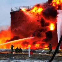 First responders work at a site of gas storage site hit by cruise missiles in Lviv, Ukraine, on Sunday. | PRESS SERVICE OF THE STATE EMERGENCY SERVICE OF UKRAINE / VIA REUTERS  