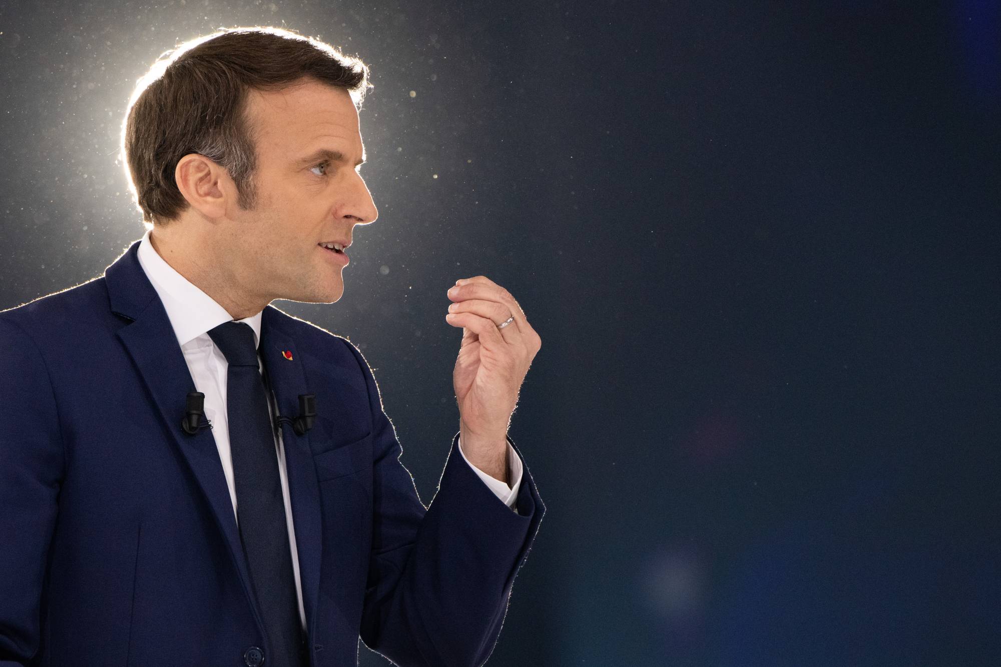 French President Emmanuel Macron speaks during a campaign rally in Paris on Saturday.  | BLOOMBERG