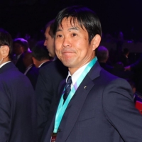 Japan head coach Hajime Moriyasu attends the final draw for the 2022 FIFA World Cup in Doha on Friday. | AFP-JIJI