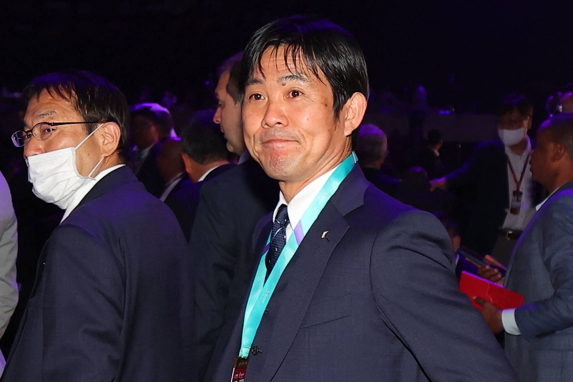 Japan head coach Hajime Moriyasu attends the final draw for the 2022 FIFA World Cup in Doha on Friday. | AFP-Jiji