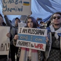 An anti-war demonstration outside the Russian Embassy in Tbilisi, Georga, on March 12. | LAETITIA VANCON / THE NEW YORK TIMES