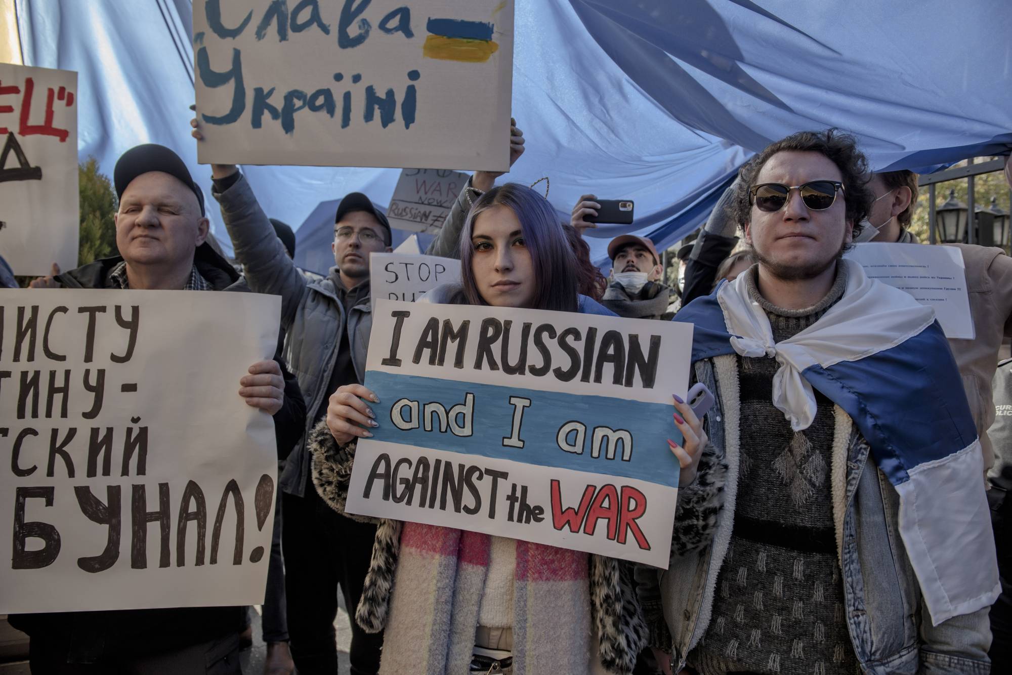 An anti-war demonstration outside the Russian Embassy in Tbilisi, Georga, on March 12. | Laetitia Vancon / The New York Times