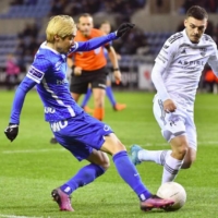 Junya Ito (left) of Genk FC in action against Eupen during their Belgian Pro League match in Genk, Belgium on Sunday.
 | KYODO
