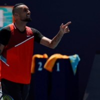 Nick Kyrgios argues with the chair umpire during his Miami Open fourth-round match against Jannik Sinner in Miami Gardens, Florida, on March 29. | USA TODAY / VIA REUTERS