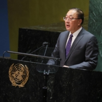 Chinese Ambassador to the U.N. Zhang Jun speaks during a special session of the U.N. General Assembly on Russia\'s invasion of Ukraine, at the United Nations headquarters on March 24. | REUTERS